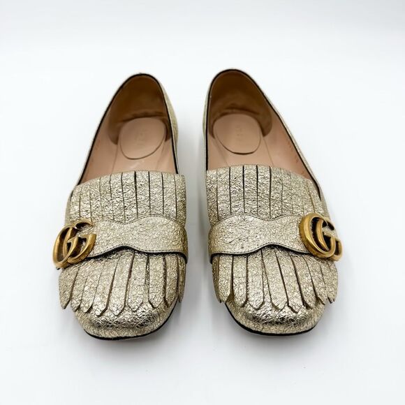 Gucci Marmont GG Gold Fringe Loafer Flats Metallic EU 38 US 8 - Picture 2 of 13
